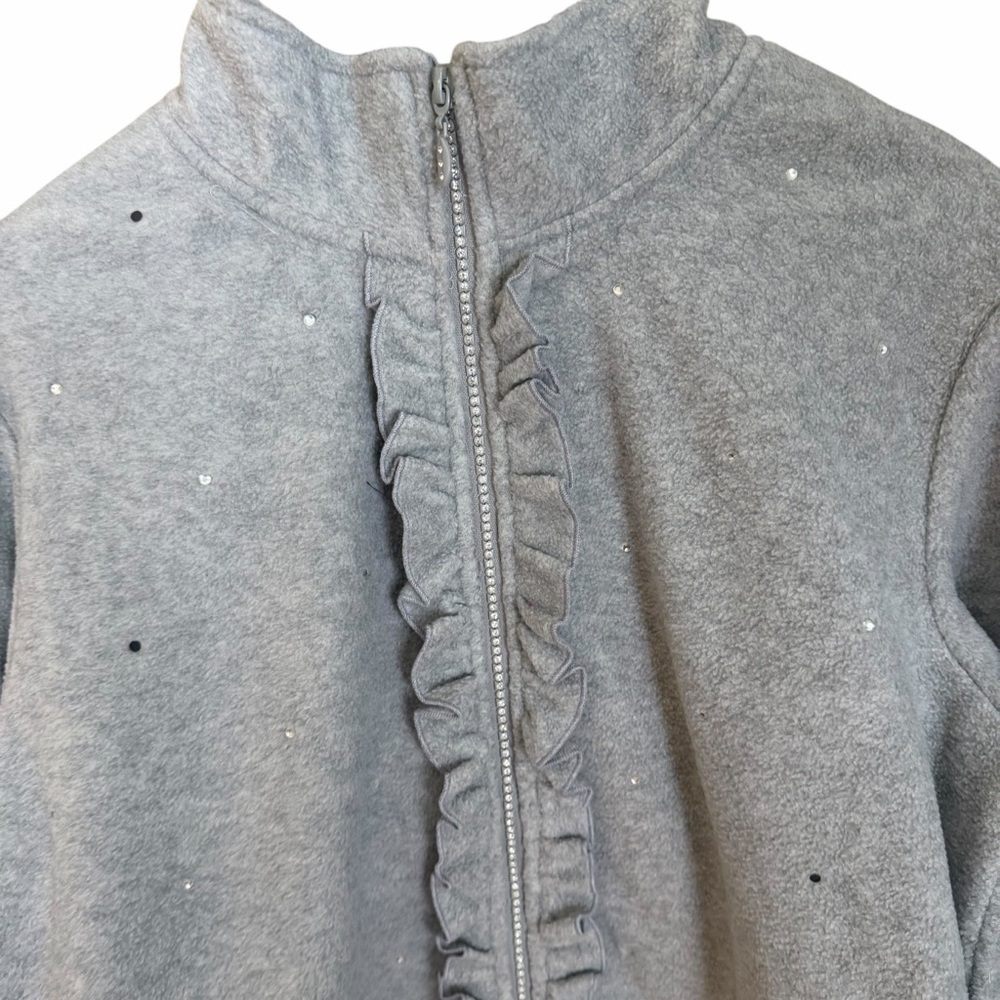 Quacker Factory Women’s L Gray Fleece Zip Jacket Ruffle Rhinestone Mock Neck - Picture 10 of 16